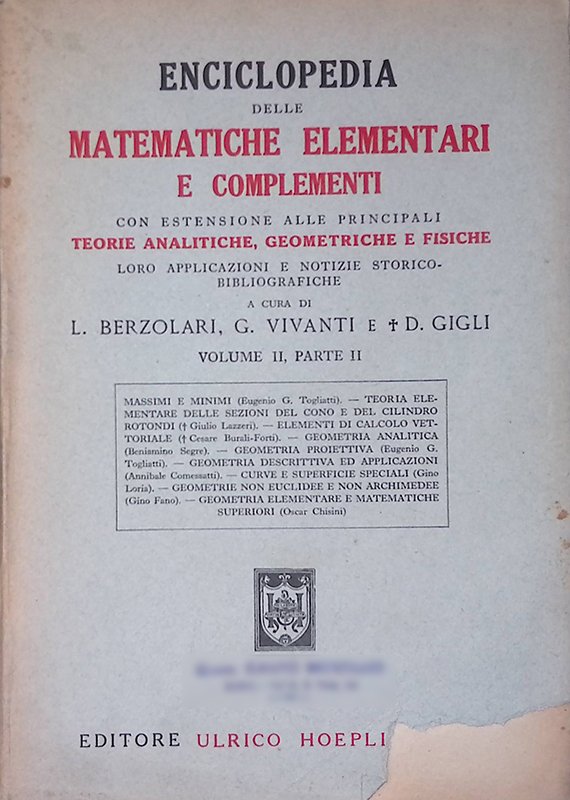 Enciclopedia delle matematiche elementari e complementi con estensione alle principali … | Immagine principale