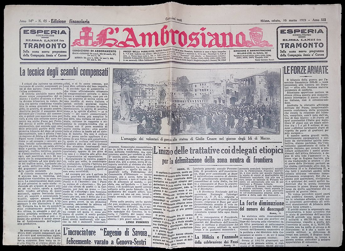 L'Ambrosiano. Anno 14, n.65, Edizione finanziaria, 16 marzo 1935