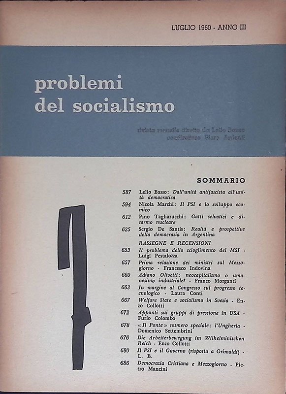 Problemi del Socialismo. Luglio 1960 anno III n.7 | Immagine principale