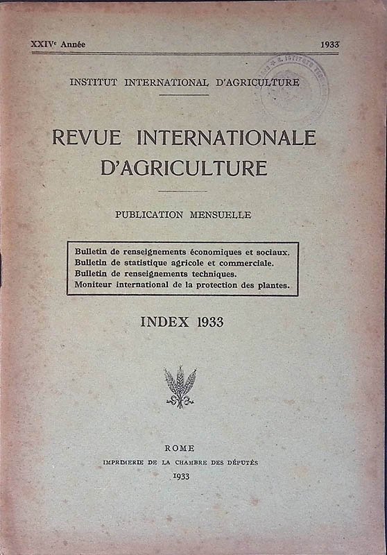 Revue Internationale d'Agriculture. XXIIV Annee. Index 1933 | Immagine principale