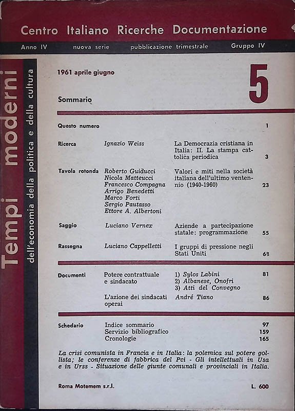 Tempi Moderni. Anno IV nuova serie N.5 aprile-giugno 1961 | Immagine principale