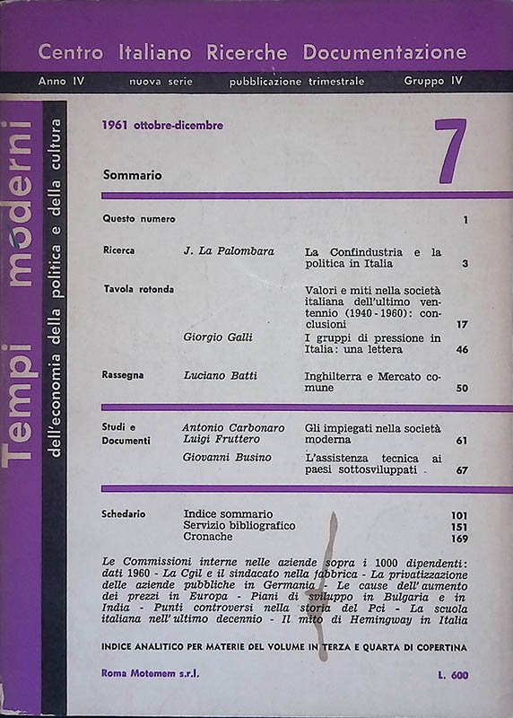 Tempi Moderni. Anno IV nuova serie N.7 ottobre-dicembre 1961 | Immagine principale