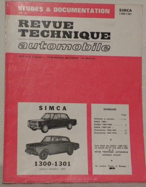 Revue technique automobile. Etudes et documentation. Simca. 1301 - 1501.