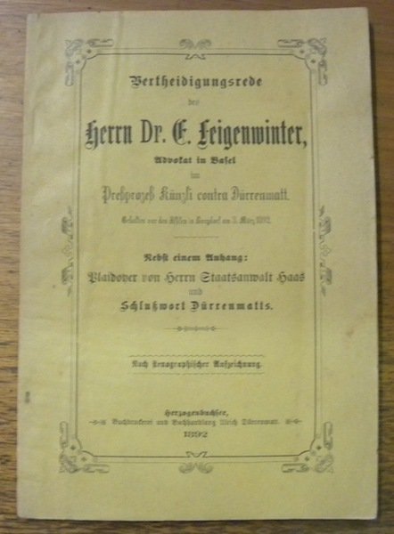 Vertheidigungsrede des Herrn Dr. E. Feigenwinter, Advokat in Basel im …