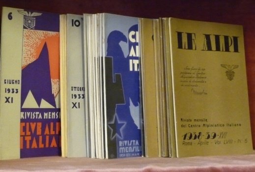 Rivista mensile del Club Alpino Italiano. Anno: 1933 - N° 6-7-8-9-10-12. 1934: 1-4 1935: 5-6-7-10-12. 1936: 3-6-7-11. 1937: 1. 1938: 4-(Centro Alpinistico Italiano) 6-10/11. 1938/39: (Le Alpi) 2-5-6.