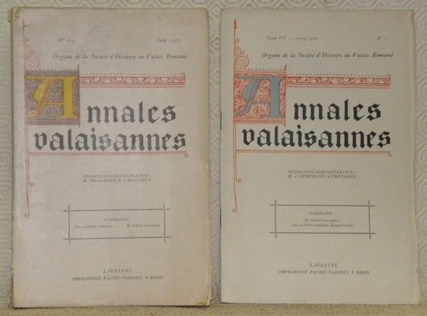Annales valaisannes. Tome VII, 1929 - 1930, n.° 1. Organe de la Société d’Histoire du Valais Romand. Sommaire: Dr. Alfred Comtesse: Les ex-libris valaisans (supplément). Annales valaisannes. Tome VI, 1926 - 1928, nos.° 1 - 4, juin 1927. Organe de la Société d’Histoire du Valais Romand. Sommaire: Les ex-libirs valaisans . . . Dr. Alfred Comtesse.