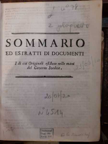 Sommario ed estratti di documenti i di cui originali esistono …