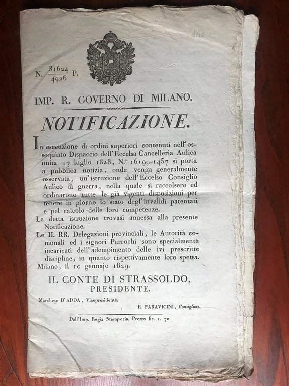 Imp. R. Governo di Milano. Notificazione. IN ESECUZIONE DI ORDINI …