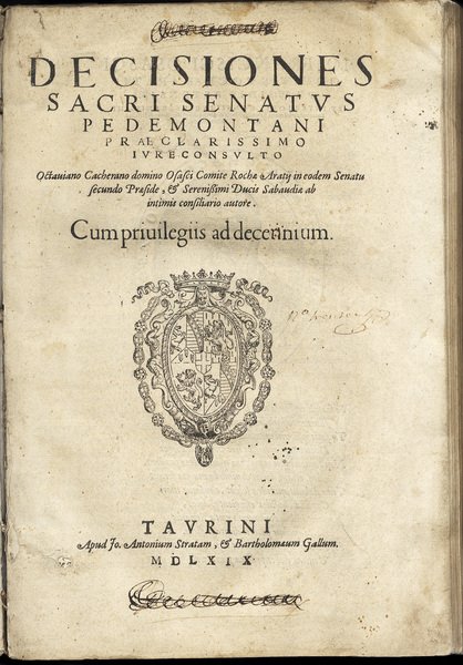 Decisiones Sacri Senatus Pedemontani. Octaviano Cacherano domino Osasci. in eodem …
