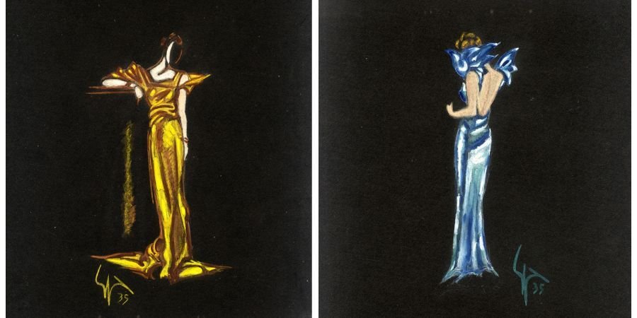 Alta Moda 1935, 2 bozzetti di abiti da sera, per …