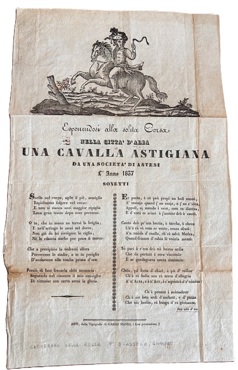 &amp;ldquo;Esponendosi alla solita corsa nella citt&amp;agrave; d'Alba una cavalla astigiana … | Immagine principale