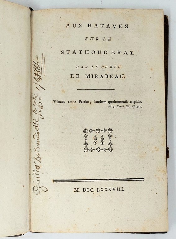 Aux Bataves sur le Stathouderat par le comte de Mirabeau.