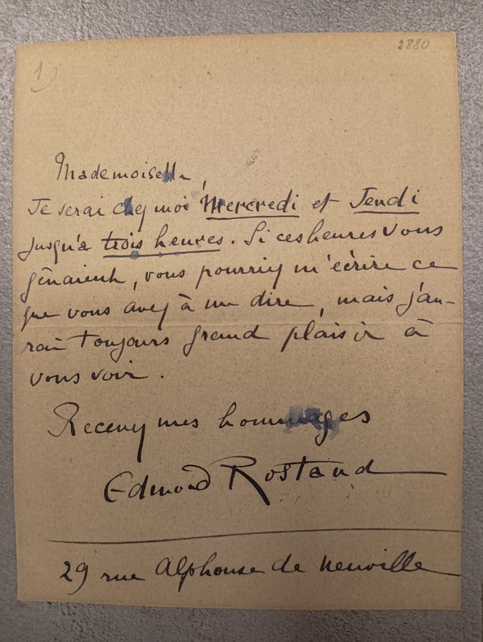 Biglietto autografo firmato ad anonima "Mademoiselle"