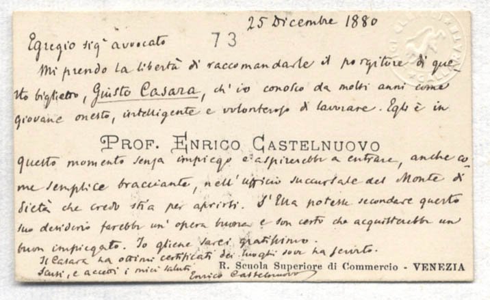 Biglietto da visita con raccomandazione.