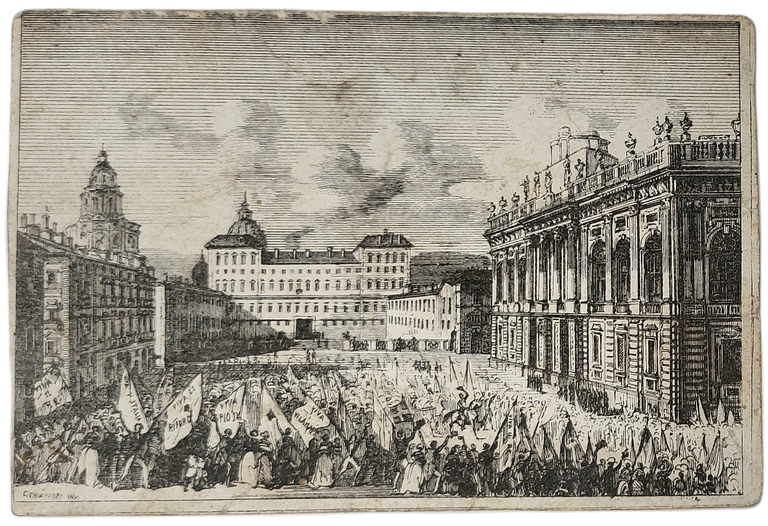 Biglietto pubblicitario - Veduta di Piazza Castello.