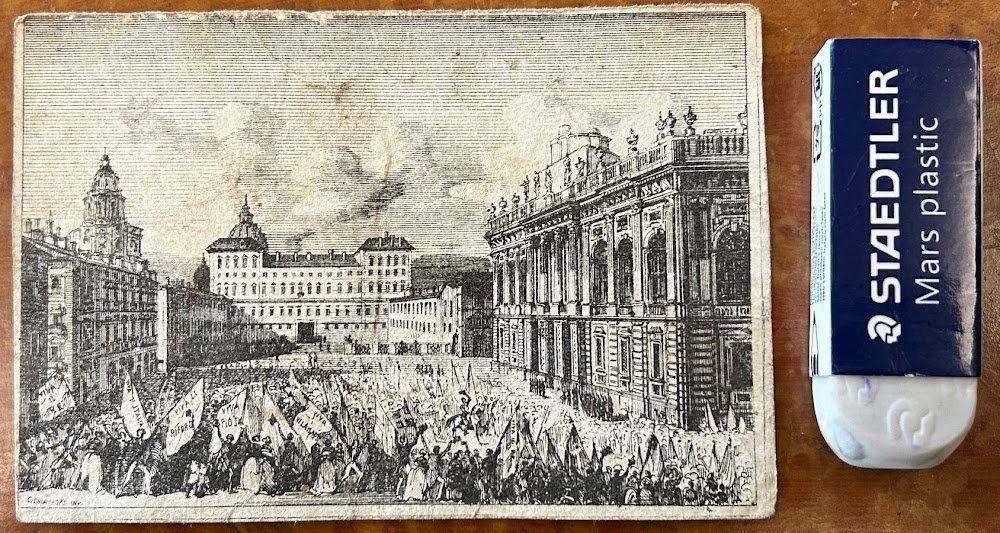 Biglietto pubblicitario - Veduta di Piazza Castello.