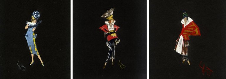 Alta Moda 1935, 3 bozzetti preparatori per Rivista o Sfilata, …