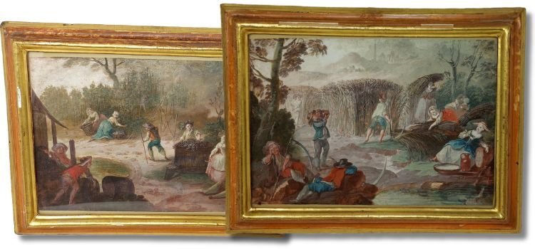 COPPIA DI ACQUERELLI: Vendemmia e mietitura, non firmati.