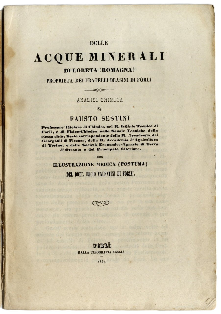Delle acque minerali di Loreta (Romagna) propriet&amp;agrave; dei fratelli Brasini … | Immagine principale