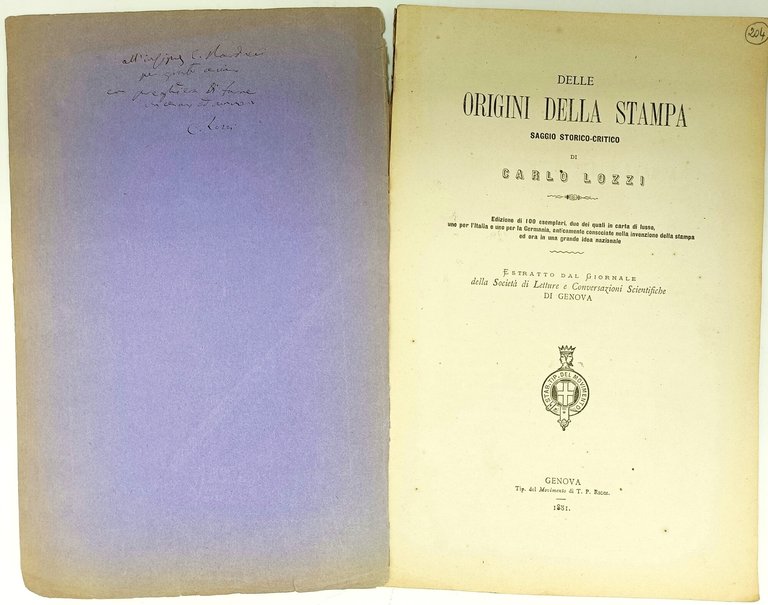 Delle origini della stampa. Saggio storico-critico. Estratto dal Giornale della …