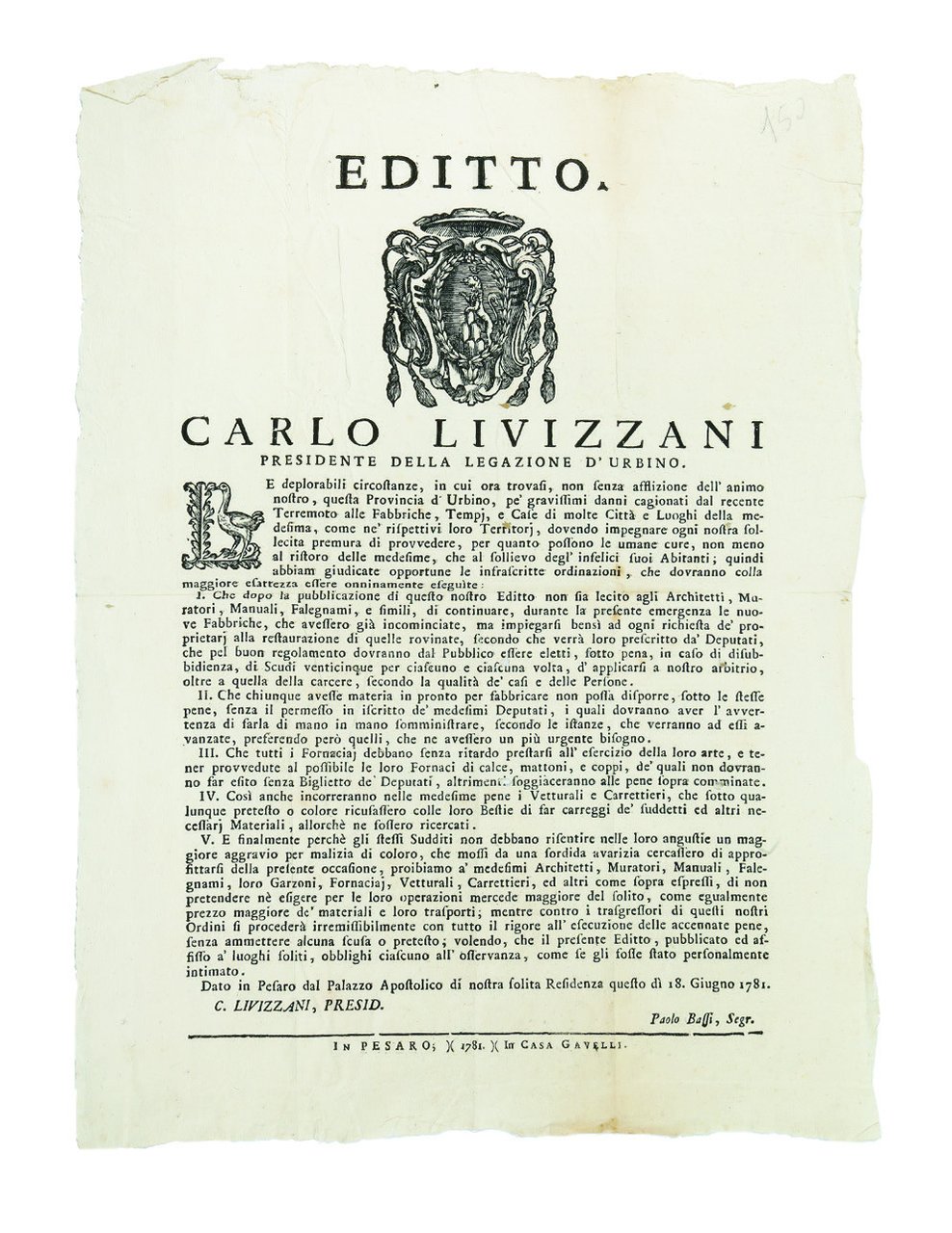 Editto. Carlo Livizzani Presidente della Legazione d�Urbino� Dato in Pesaro …