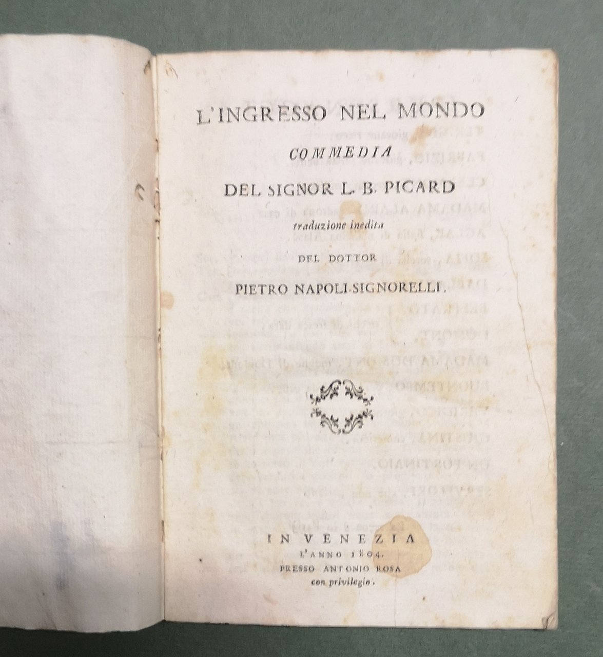 L'Ingresso nel mondo, Commedia. Traduzione inedita del dottor Pietro Napoli-Signorelli.