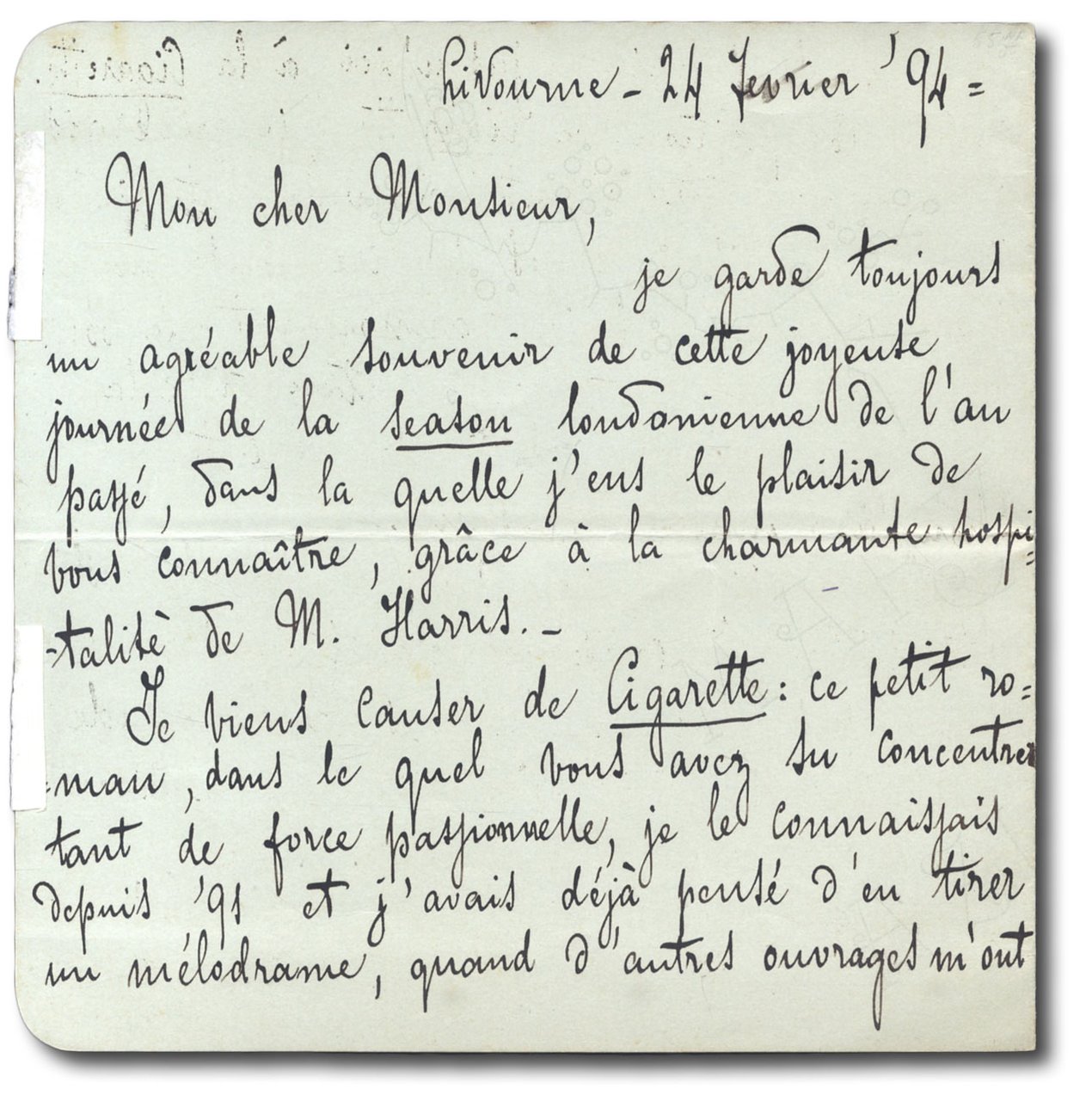 La Cigarette. L.a.f., in francese, indirizzata a ''M. Jules Claretie …