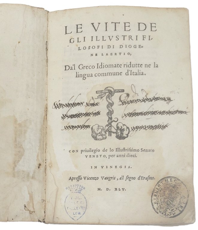 Le vite de gli illustri filosofi di Diogene Laertio, da'l …