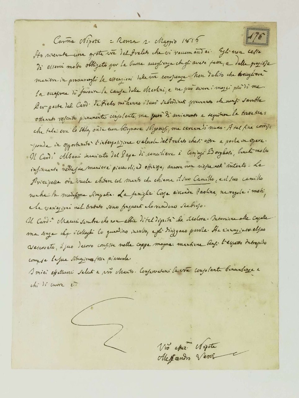 Lettera autografa firmata a "Carissima Nipote".