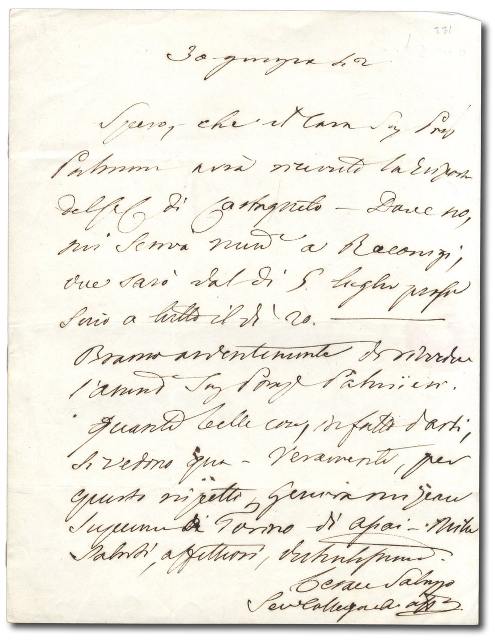 Lettera autografa firmata, a Pietro Giovanni Palmieri.