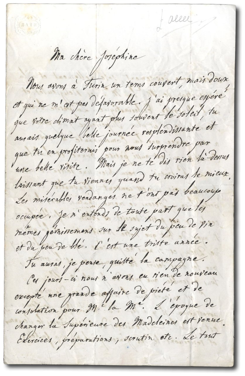 Lettera autografa firmata alla sorella ''Ma chère Joséphine''.