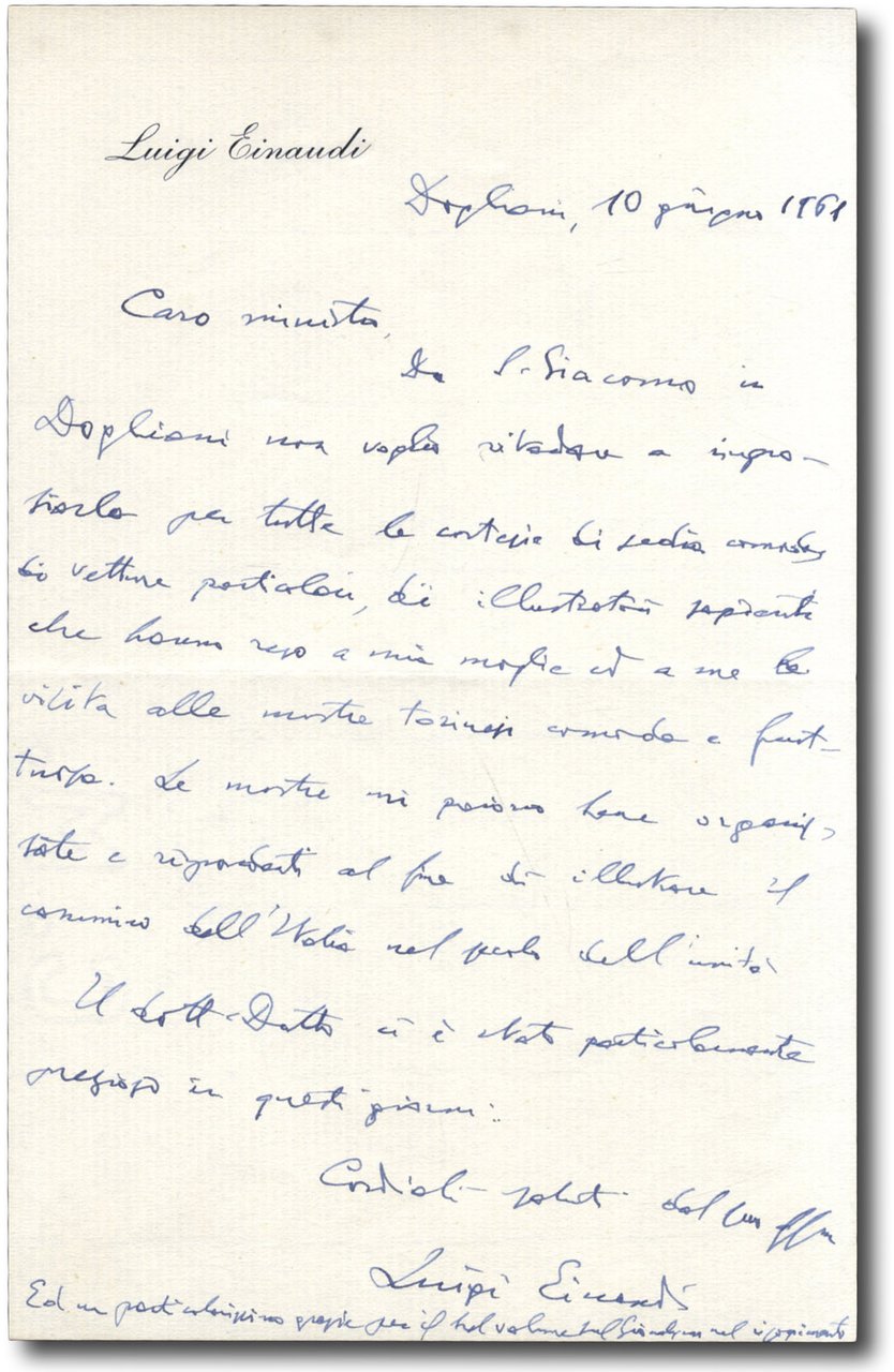 Lettera autografa firmata indirizzata a ''Caro ministro''