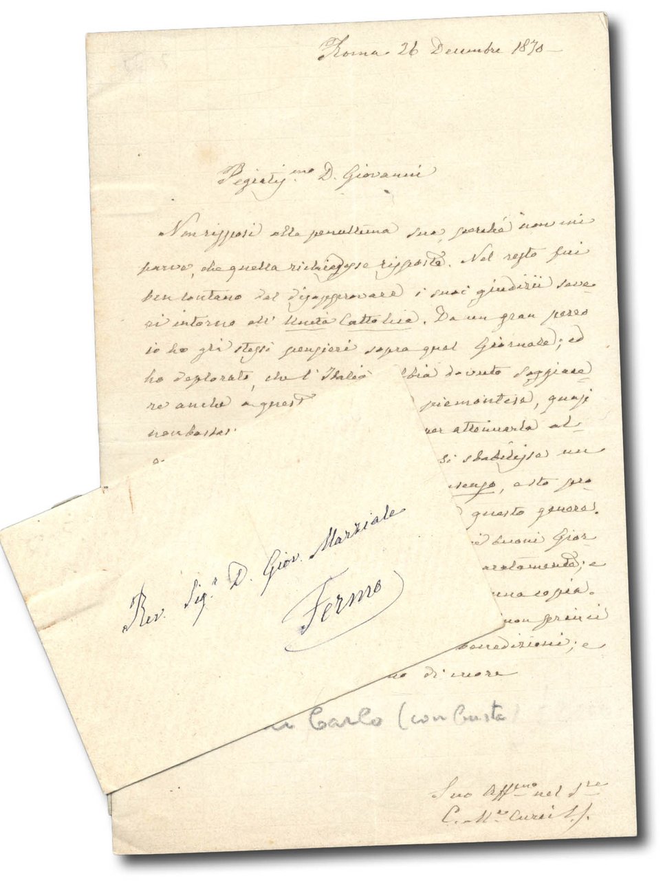 Lettera autografa firmata indirizzata a ''D. Giovanni Marziale''.