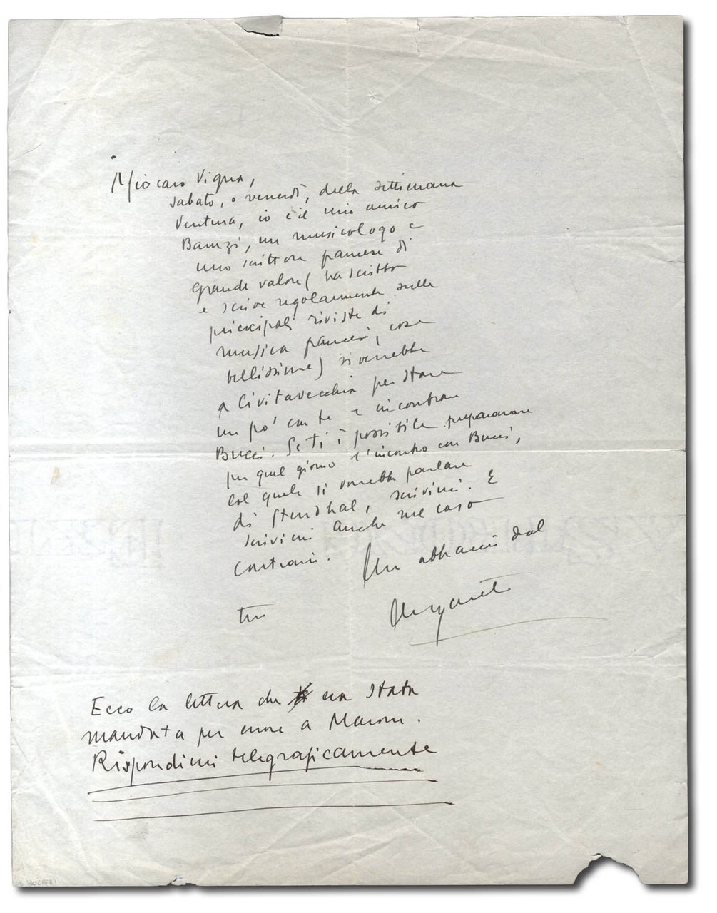 Lettera autografa firmata indirizzata a ''Mio caro Vigna'',