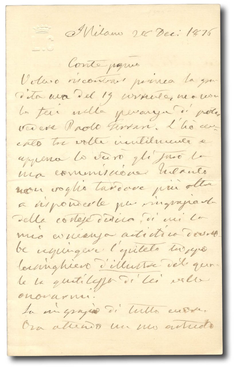 Lettera autografa firmata indirizzata ad un anonimo ''Conte pregiatissimo''.