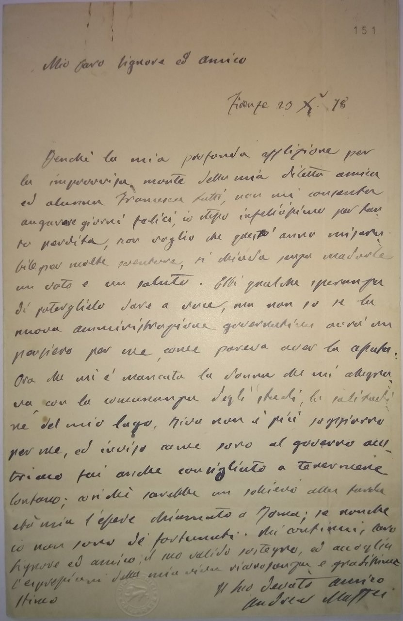Lettera autografa indirizzata a ''Mio caro Signore ed amico''.