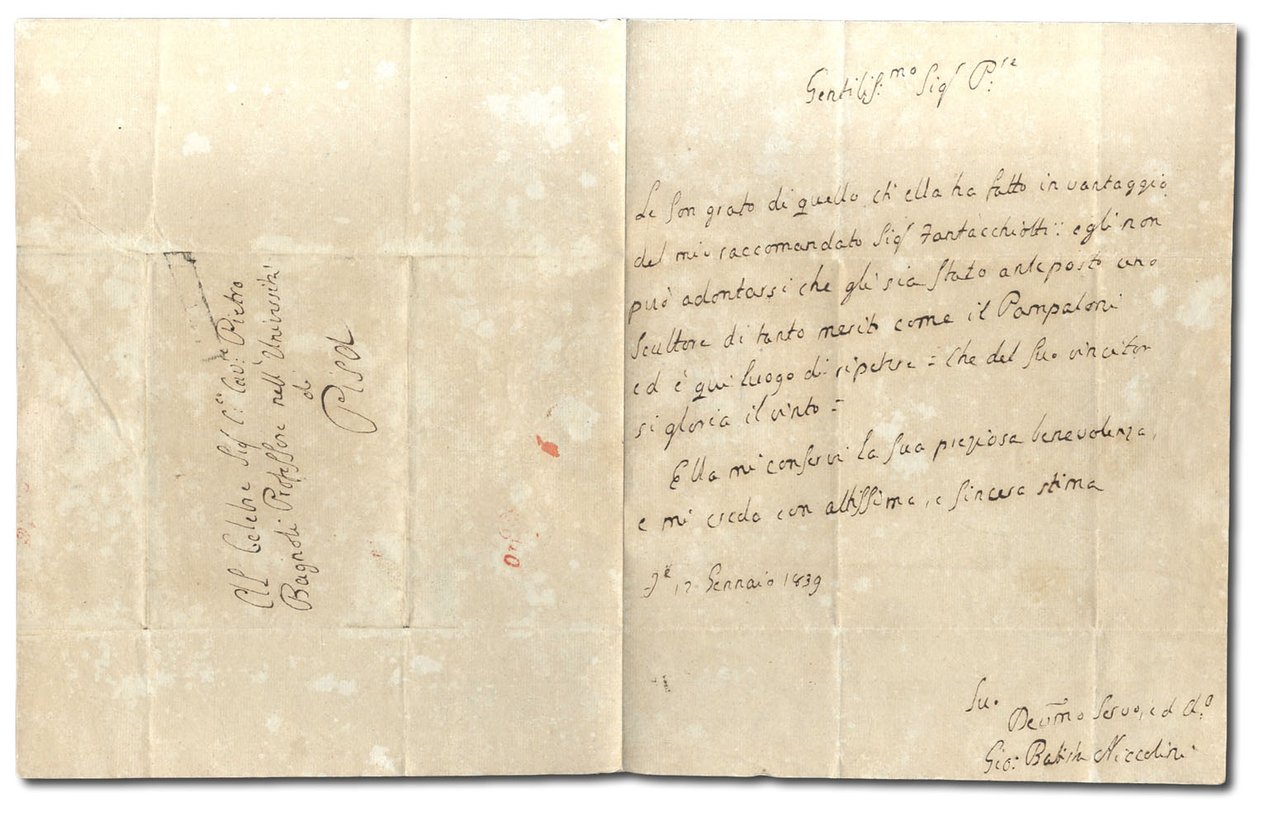 Lettera autografa indirizzata a ''Pietro Bagnoli Professore dell'Università di Pisa''.