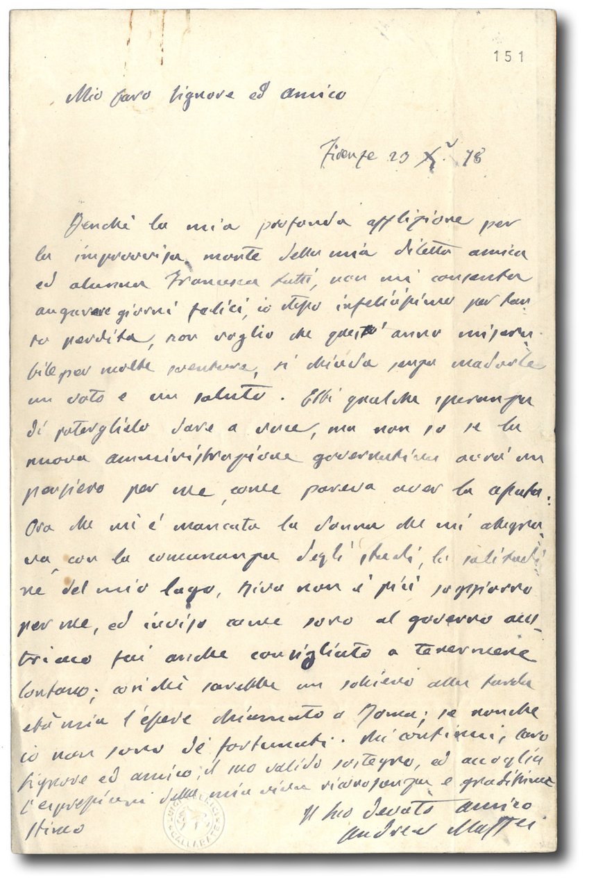 Lettera autografa indirizzata ad Agostino Sagredo.