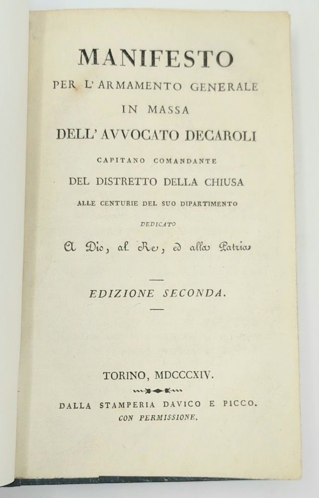 Manifesto per l'armamento generale in massa, dell'avvocato Decaroli, capitano comandante …