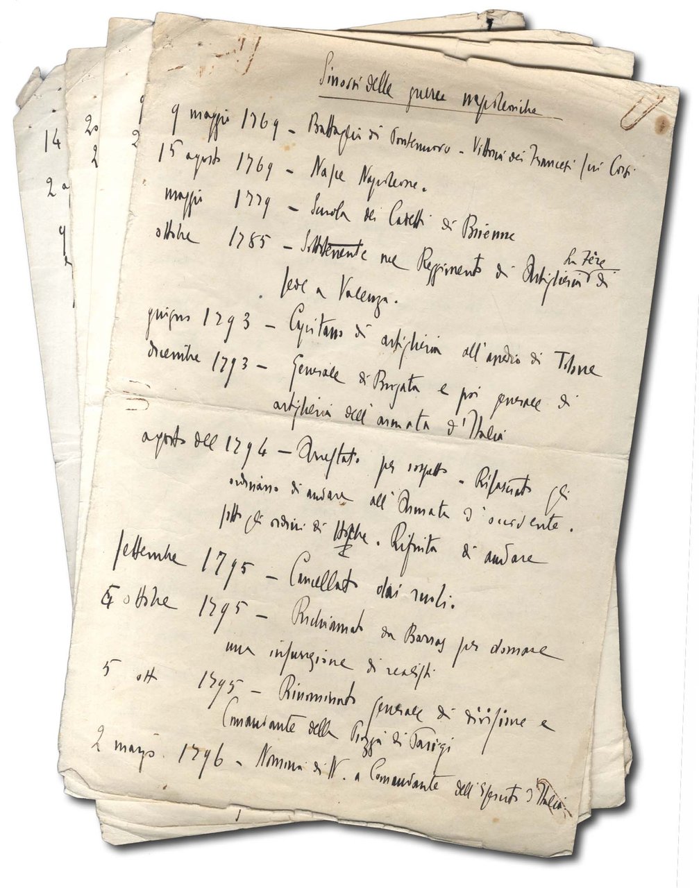 Manoscritto autografo ''Sinossi delle Guerre Napoleoniche''.