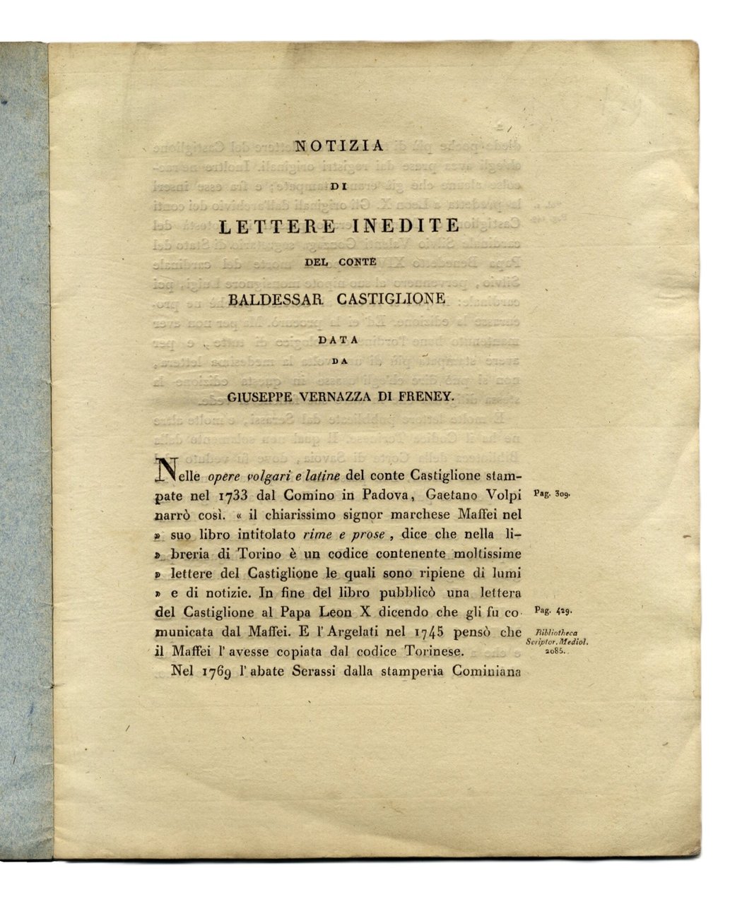 Notizia di lettere inedite del conte Baldessar Castiglione data da …