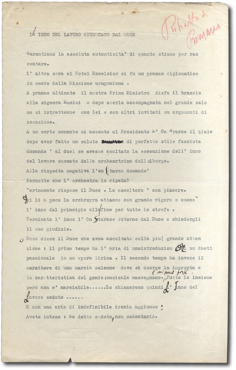 Pagina dattiloscritta con correzioni probabilmente autografe del Duce.