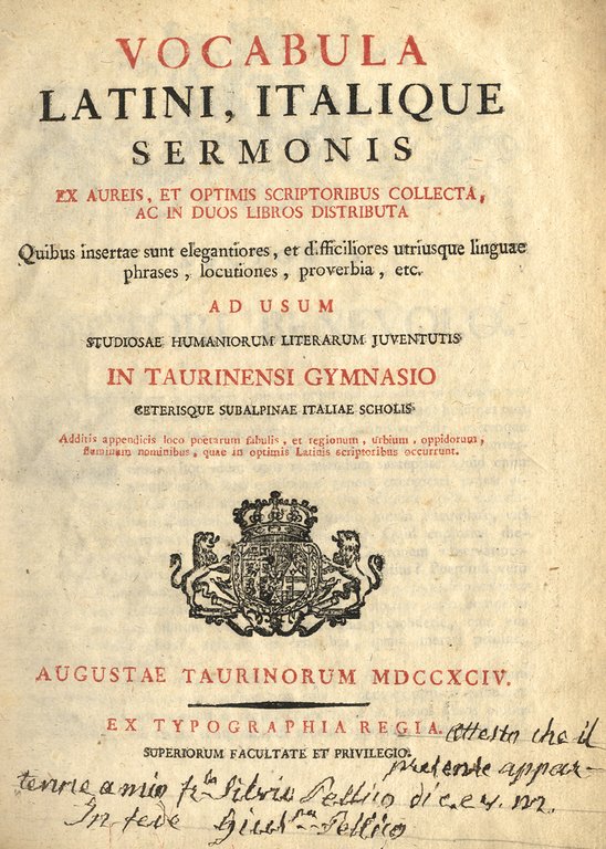 PASINI, Vocabula latini, italique sermonis ex aureis, et optimis scriptoribus …