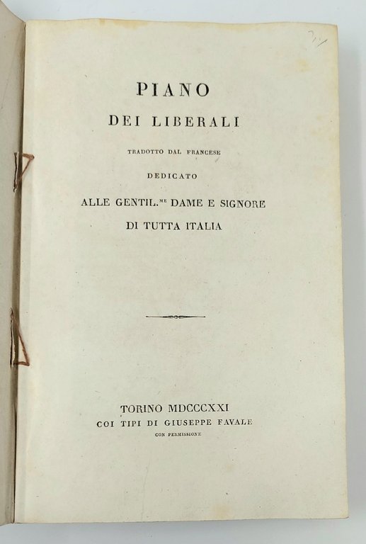 PIANO DEI LIBERALI, tradotto dal francese dedicato alle gentilissime Dame …