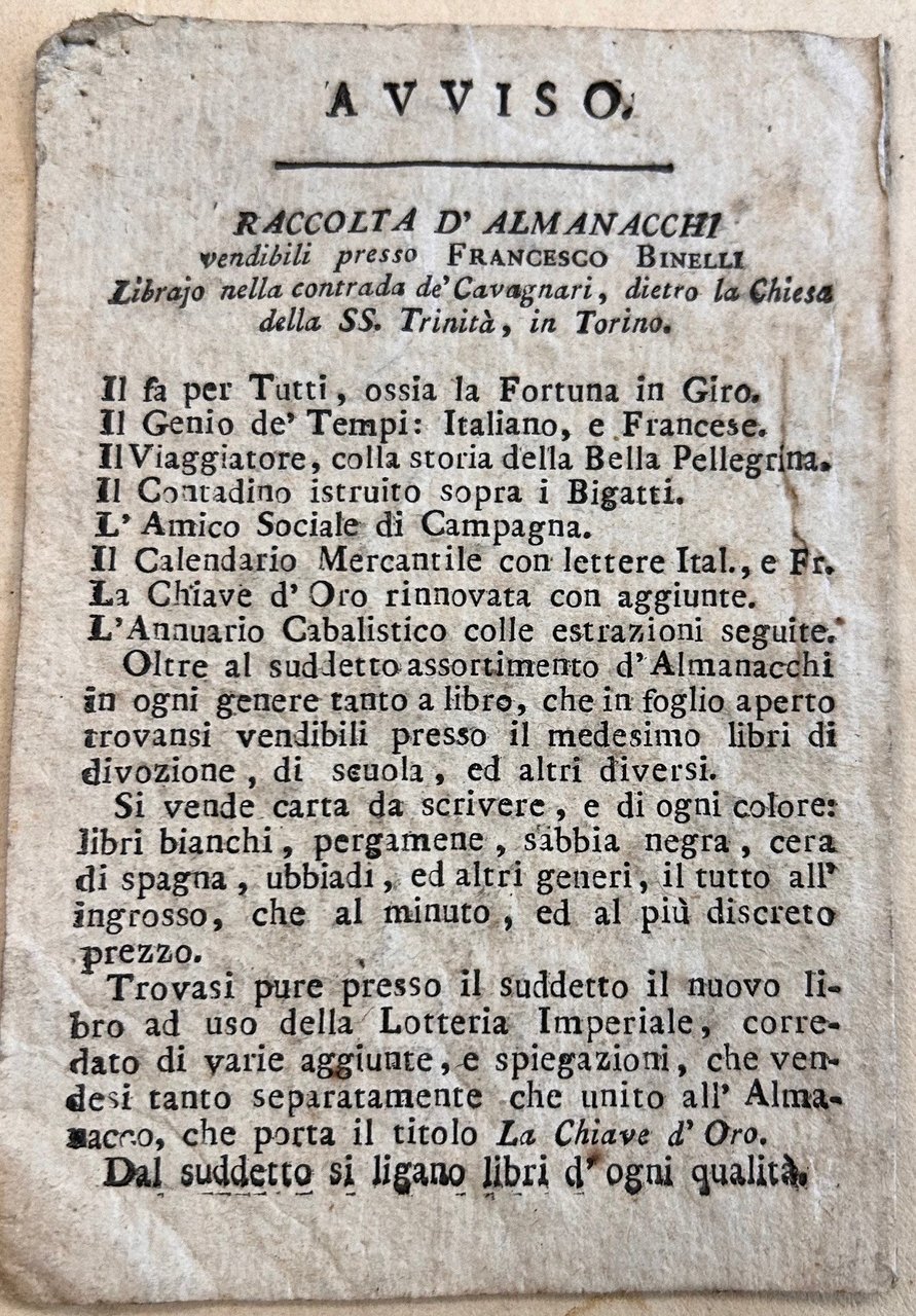 Raccolta d'Almanacchi vendibili presso Francesco Binelli. Librajo nella cintrada de'Cavagnari, … | Immagine principale