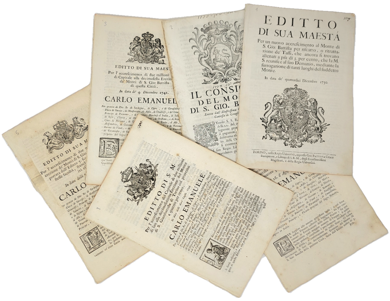 Raccolta di 19 editti reali a stampa.