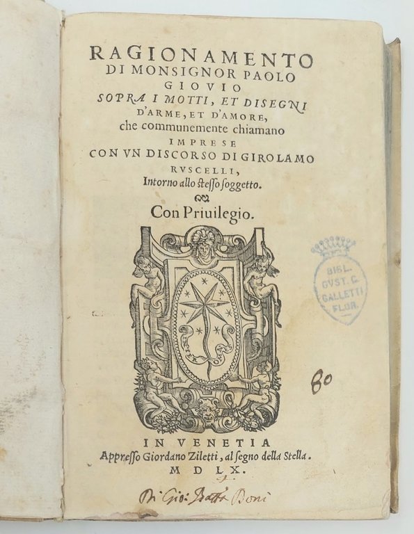 Ragionamento di mons. Paolo Giovio sopra i motti, & disegni d'arme, …