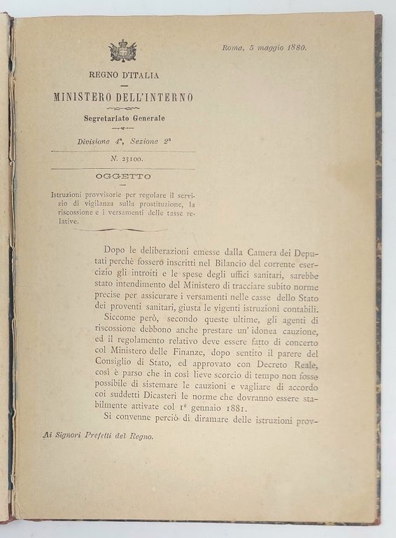 Regno d'Italia - Regolamento sulla Prostituzione (Torino, 15 febbraio 1860) …