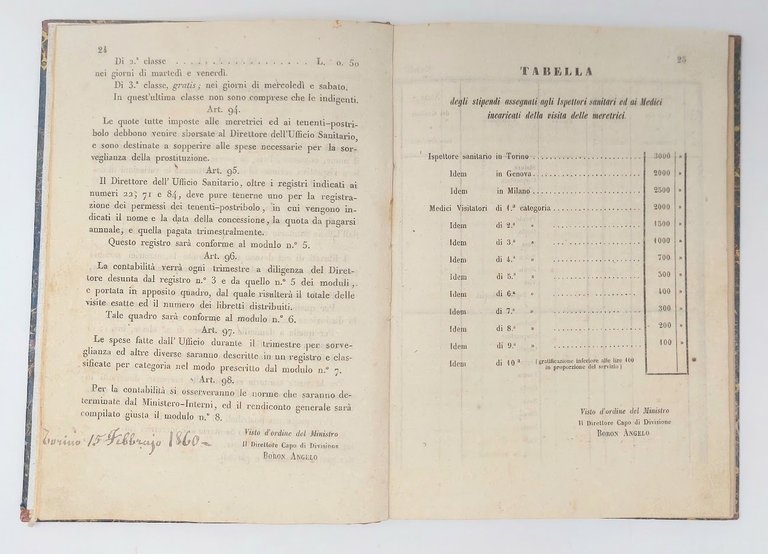 Regno d'Italia - Regolamento sulla Prostituzione (Torino, 15 febbraio 1860) …