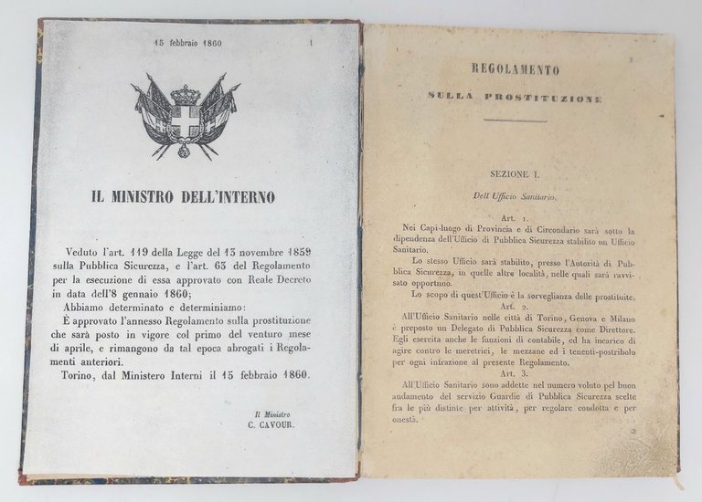 Regno d'Italia - Regolamento sulla Prostituzione (Torino, 15 febbraio 1860) …